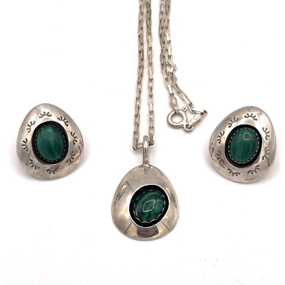 Teddy Goodluck Navajo Sterling Silver Malachite Pendant Earrings Set 24" Chain
